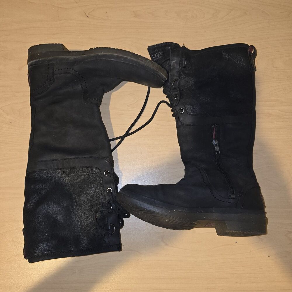 UGG Women's Elsa Boot Size 7.5 Waterproof Tall Black Leather Sherpa Sheepskin